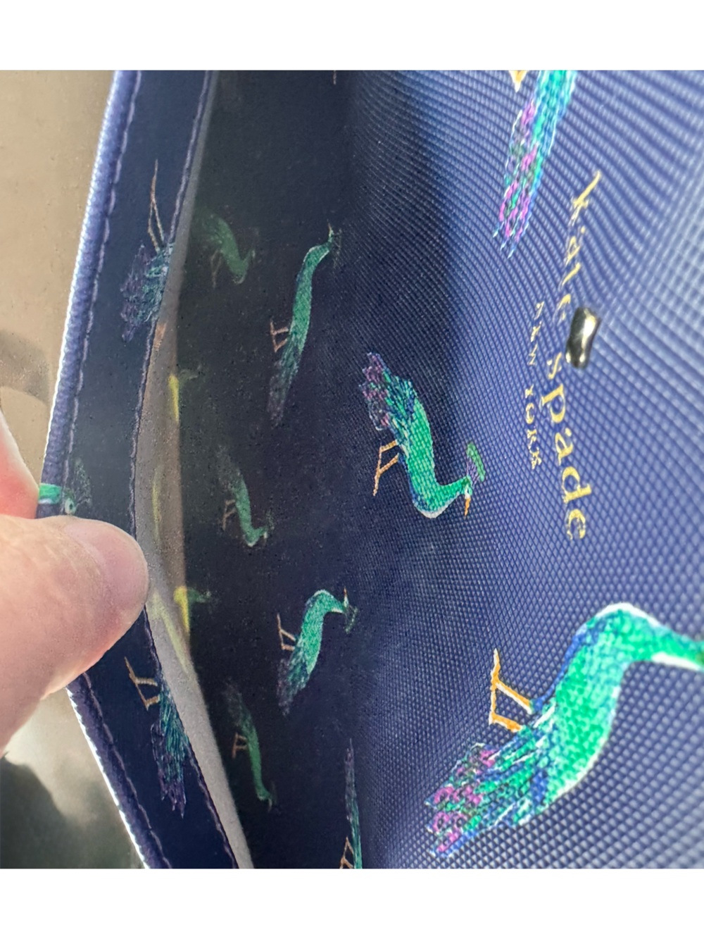 Kate Spade Peacock Handbag - Navy Tote with Teal Peacock Print - EUC - Picture 8 of 16